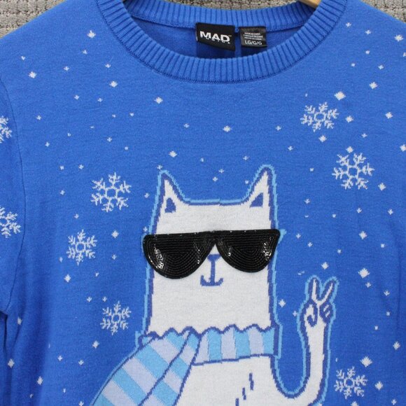 Mad Engine Christmas Sweater Womens Large L Blue Knit Stay Chill Cat Graphic Y2k - Picture 2 of 9